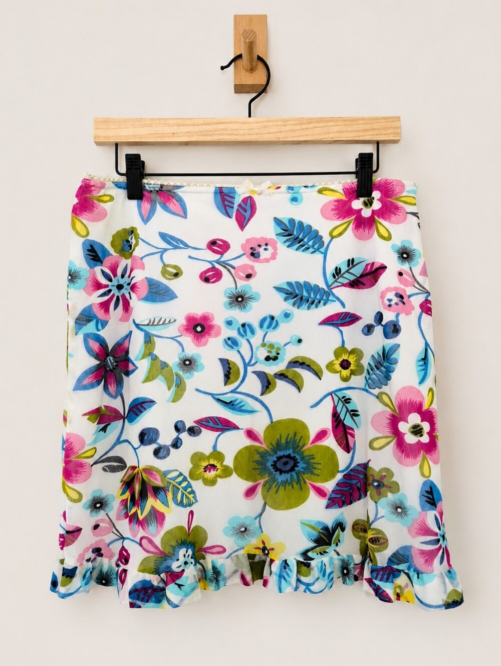 Vintage 90s/Y2K Currants Floral Ruffle Mini Skirt Size L Sheer Lined